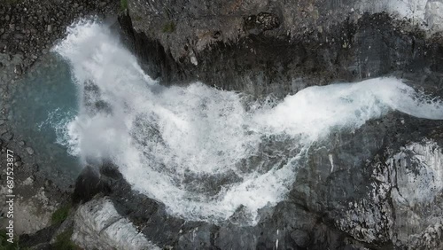 Aerial top view of Val Nera waterfall in Livigno