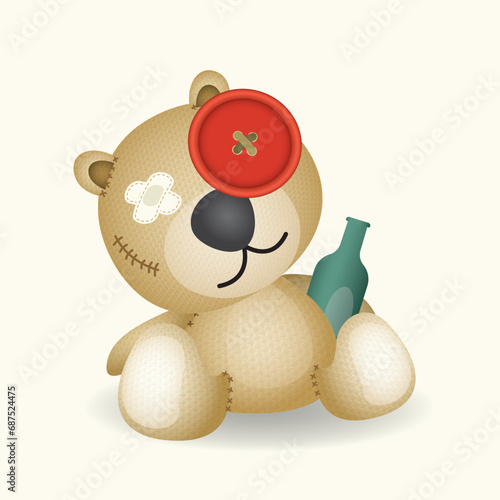 Voodoo bear Doll drunken made from sackcloth hug a bottle of liquor vector illustration.