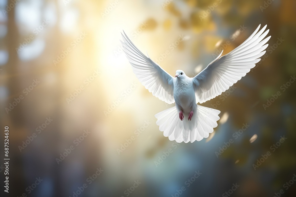 A white pigeon flying in the forest. - obrazy, fototapety, plakaty 