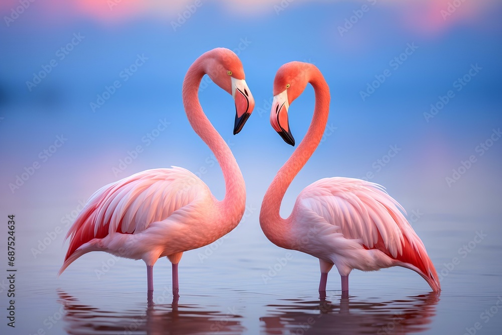 Fototapeta premium Two pink flamingos are standing in the water.