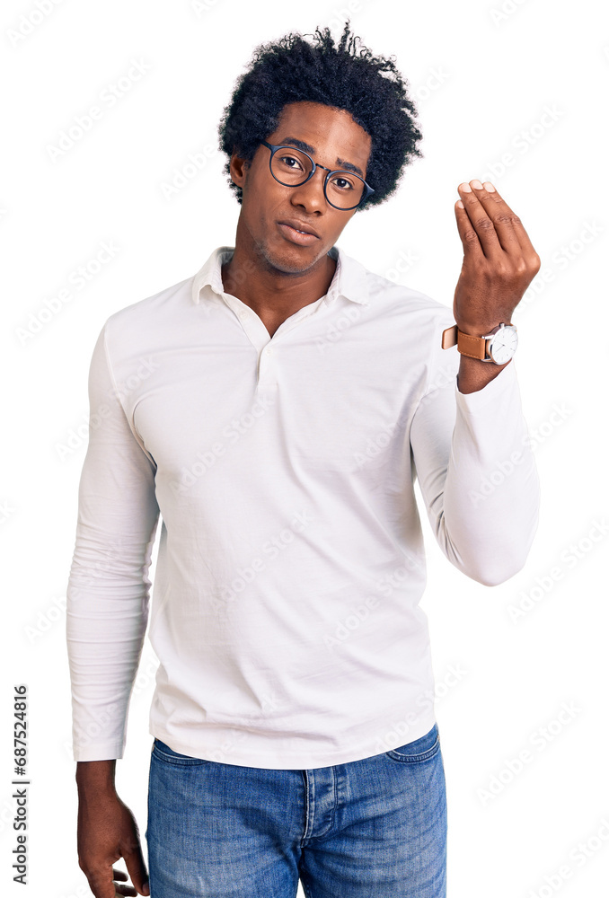 Handsome african american man with afro hair wearing casual clothes and glasses doing italian gesture with hand and fingers confident expression Handsome african american man with afro hair wearing casual clothes and glasses doing italian gesture with hand and fingers confident expression