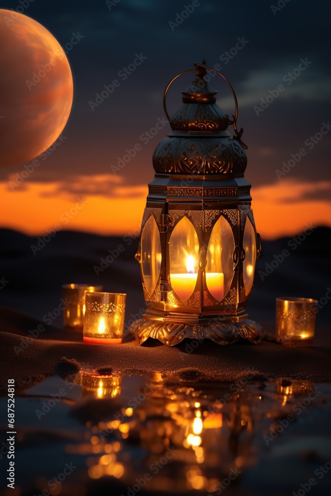 Ornamental arabic lantern with burning candle glowing . Festive greeting card, invitation for muslim.