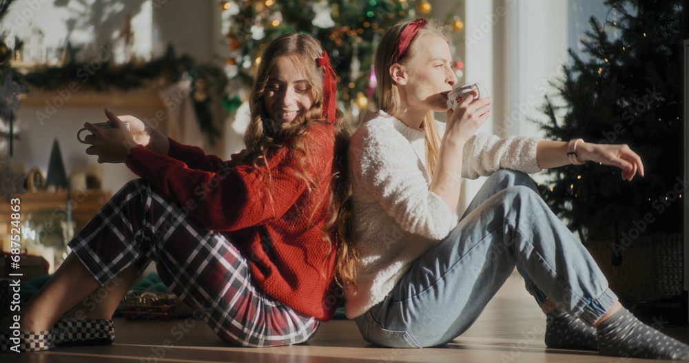 Obraz premium Two Female Friends Talking During Christmas Relaxing Preparing For Xmas Time