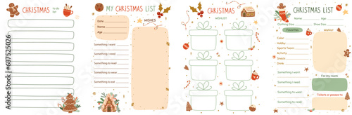 Christmas wishes list template collection. Printable pages set decorated tasty gingerbread cookies, house Vector gift planner, notes, schedule, planner, checklist, notebook. Secret Santa lists.