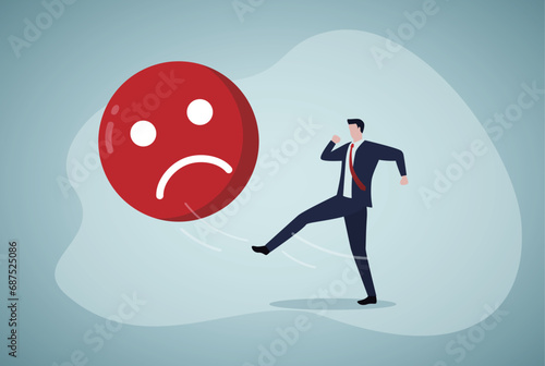 Overcome stress and anxiety, emotional problem, uncertainty or worried about work, depression or mental illness, sad and stressful concept, businessman kick off sad and negative emotion face.