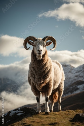 A beautiful ram with horns on top of a mountain against a backdrop of picturesque nature, white clouds.