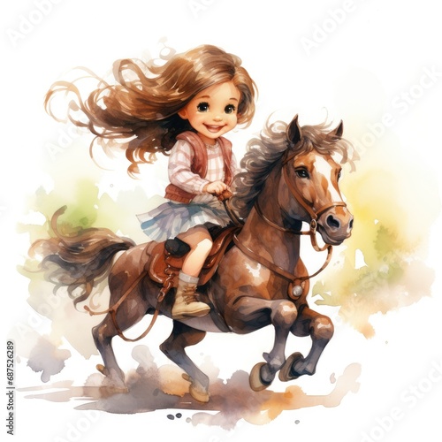 Little girl riding a horse. Watercolor cartoon illustration isolated on white background