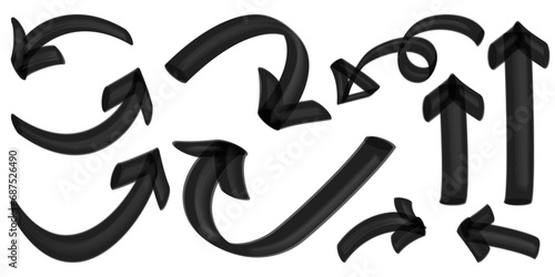 太いマジックで描いたような曲線矢印セット（黒）