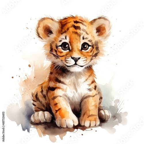 Cute little tiger cub isolated on white background.  Watercolor cartoon illustration