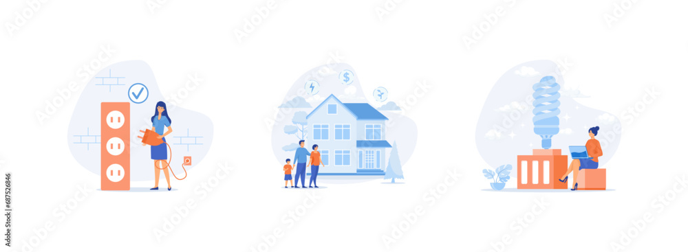 Sustainability, people reduce energy consumption at home, unplug appliances and use energy saving light bulb. Energy consumption set flat vector modern illustration Sustainability, people reduce energy consumption at home, unplug appliances and use energy saving light bulb. Energy consumption set flat vector modern illustration