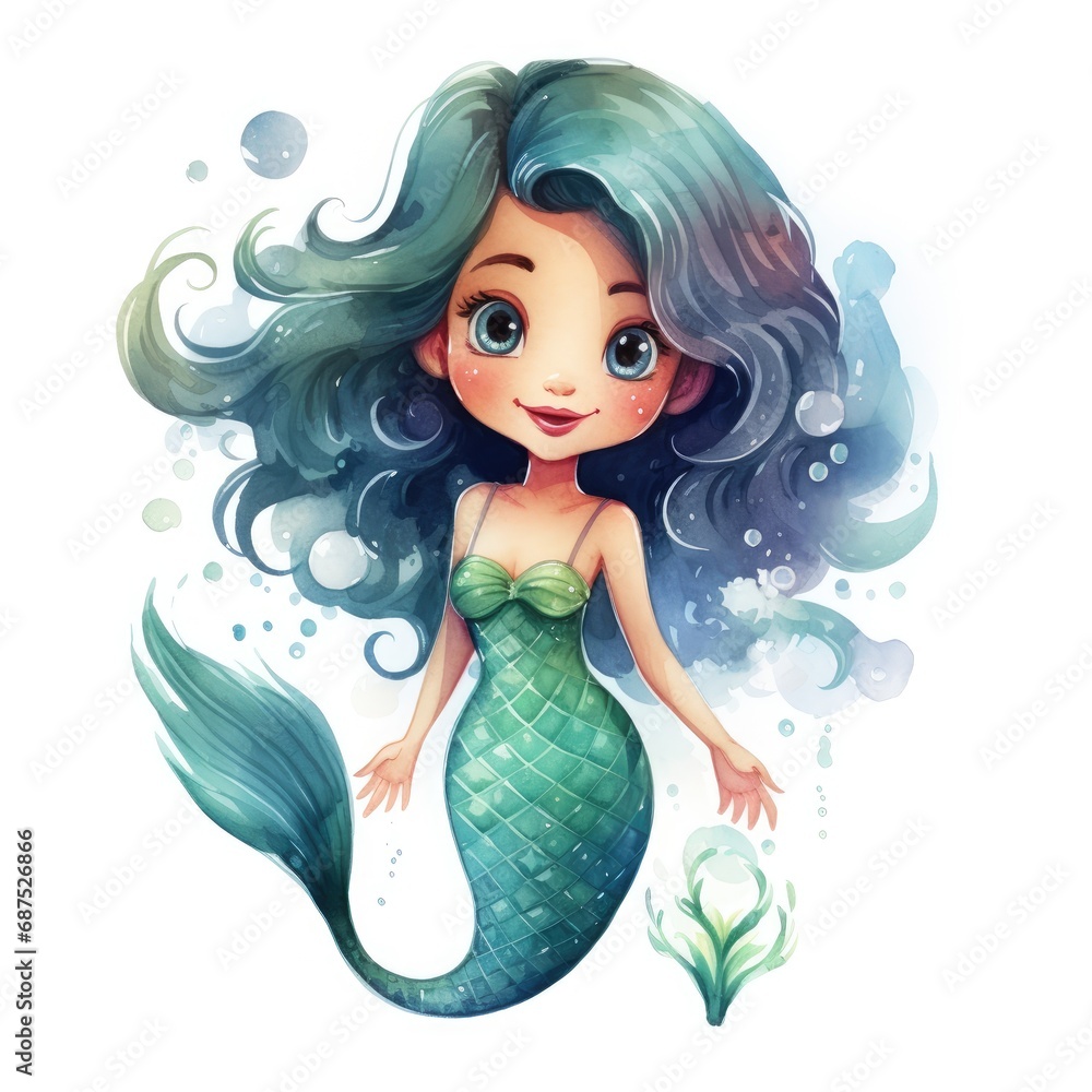 Cute cartoon mermaid. Watercolor illustration on white background. Cute cartoon mermaid. Watercolor illustration on white background.