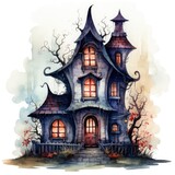 Watercolor cartoon illustration of Halloween spooky house on a white background 