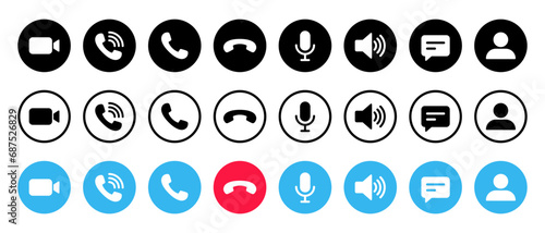 Video call button icon set screen template. Camera, handset, microphone, speaker, message, and profile vector