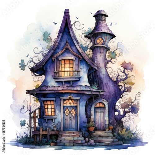 Watercolor cartoon illustration of Halloween spooky house on a white background  © Petrova-Apostolova