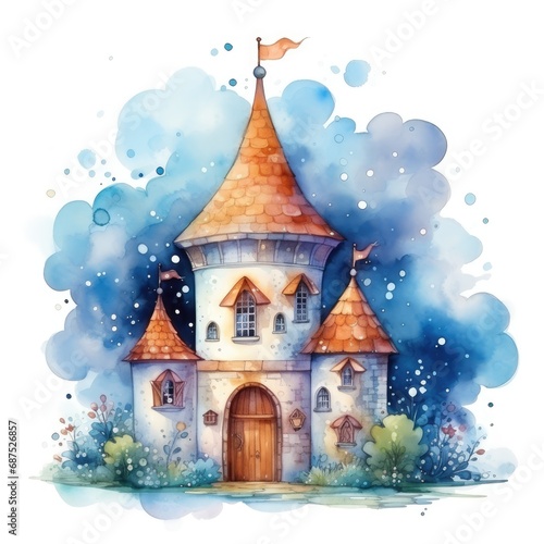 Watercolor cartoon illustration of a fairy tale castle on a white background.