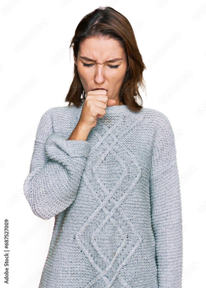 Young caucasian girl wearing casual clothes feeling unwell and coughing as symptom for cold or bronchitis. health care concept. Young caucasian girl wearing casual clothes feeling unwell and coughing as symptom for cold or bronchitis. health care concept.