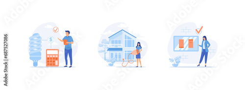 Sustainability concept, Energy consumption in household. Characters using energy efficient devices. Energy consumption set. flat vector modern illustration