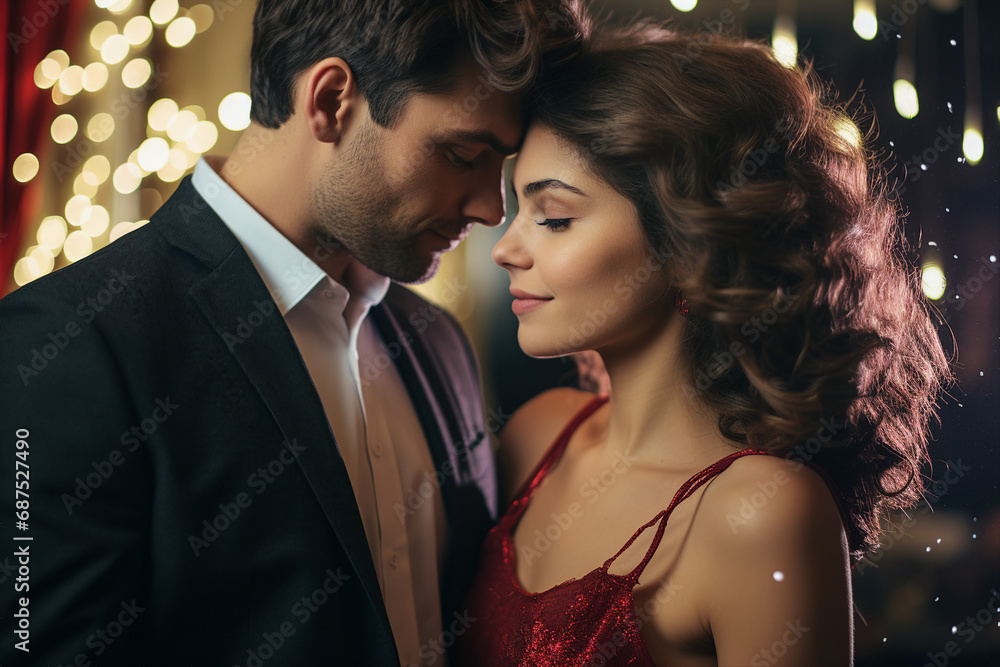 Excited festive young couple celebrating new year christmas party elegant outfit Generative AI portrait Excited festive young couple celebrating new year christmas party elegant outfit Generative AI portrait