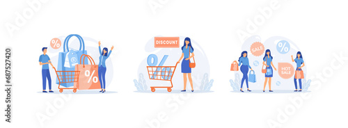 Discount for Online Shopping, sales cart discounts, people with Shopping Bags and Presents,. Big discount set flat vector modern illustration  