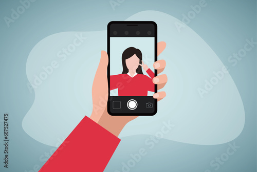 Young woman taking selfie photo on smartphone. Hands holding mobile phone. Vector illustration