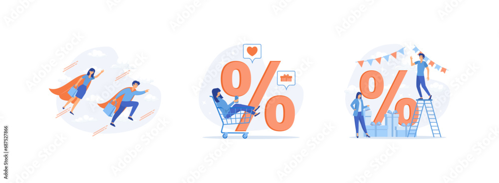 Big discount, Woman sitting in trolley and shopping online, buy on discount sales. Big discount set flat vector modern illustration Big discount, Woman sitting in trolley and shopping online, buy on discount sales. Big discount set flat vector modern illustration