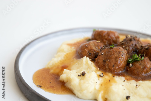 Healthy Food Concept, Mashed potato with meat balls