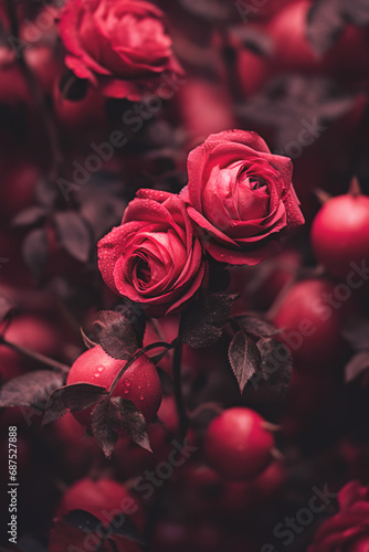 Dark and vivid pink roses on a bush  with fresh buds and berries. A gothic and romantic blossom concept.