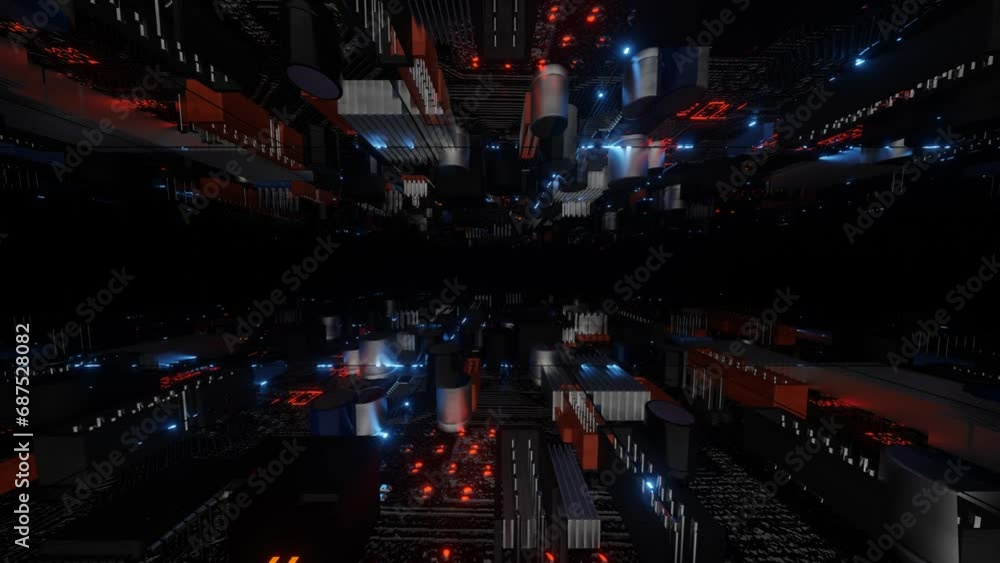 moving over a stylized motherboard with flashing blue lights. 3d render