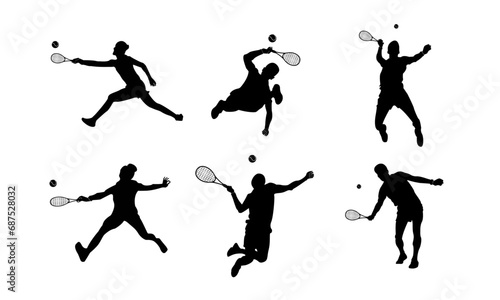 Tennis detailed vector and silhouettes set black and white photo