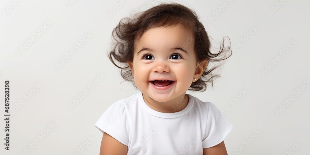 toddler baby infant smiling laughing at camera white background illustration wide backdrop infant face, generated ai