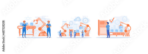 Smart industry, Smart Factory and working person using wireless technology to control, engineer working. Smart industry set flat vector modern illustration