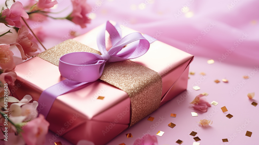 A close-up of a pink and gold foil wrapped gift, with delicate emerald and purple flowers, on a pink surface scattered with gold confetti, Valentine’s Day, with copy space A close-up of a pink and gold foil wrapped gift, with delicate emerald and purple flowers, on a pink surface scattered with gold confetti, Valentine’s Day, with copy space