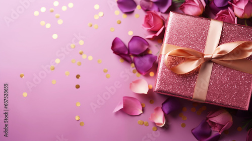 A close-up of a pink and gold foil wrapped gift, with delicate emerald and purple flowers, on a pink surface scattered with gold confetti, Valentine’s Day, with copy space © Катерина Євтехова