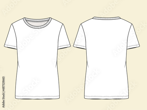 Women's Short sleeve Crew neck T Shirt flat sketch fashion illustration drawing template mock up with front and back view
