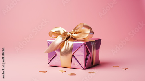 A stylish pink and gold-themed gift wrapping scene, with a pink gift wrapped in gold foil, set against a pink background adorned with emerald and purple details, Valentine’s Day, with copy space