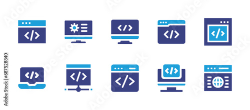 Programming icon set. Duotone color. Vector illustration. Containing programming, coding, web coding, computer, web development, website, monitor.