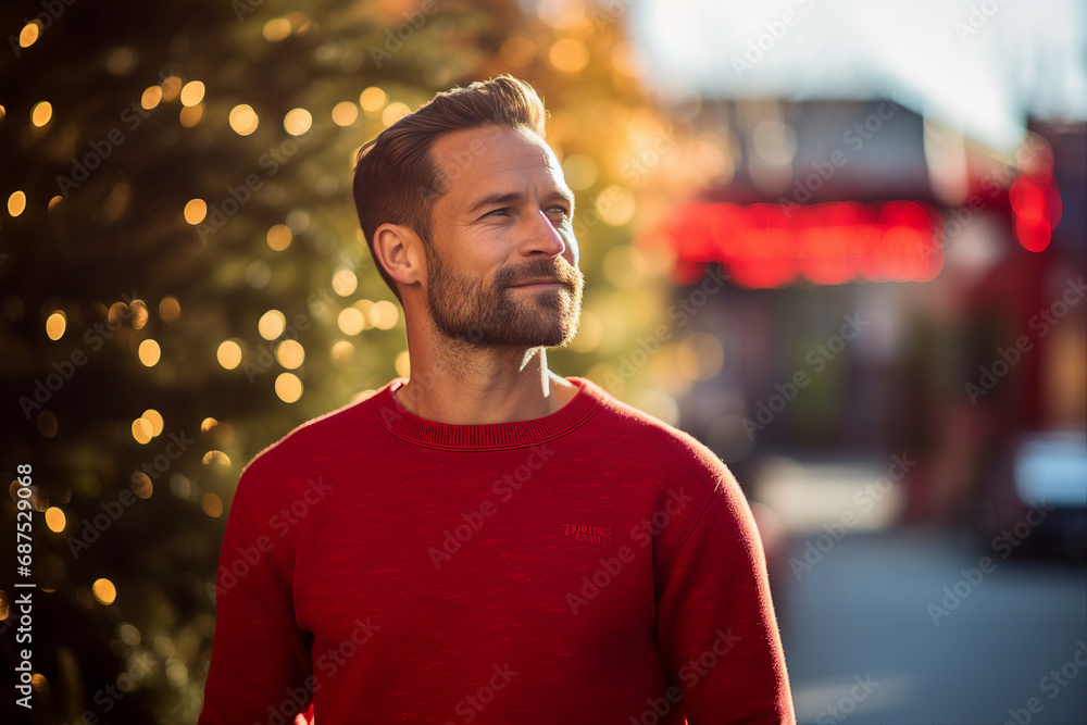 Fototapeta premium Generative AI portrait of young man in red sweater standing over christmas decorations city view