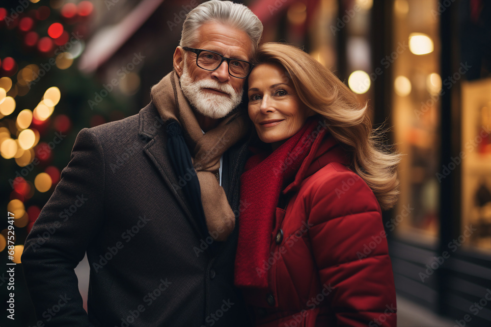 Generative AI portrait of senior handsome couple traveling winter time city christmas advent