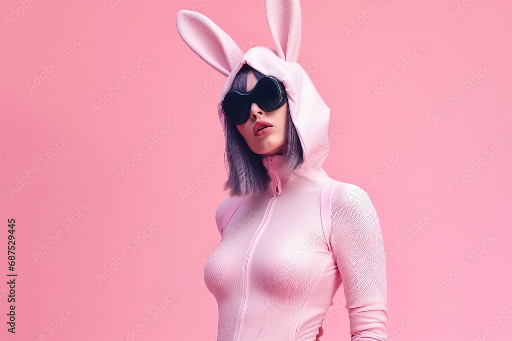 Beautiful sexy woman wearing a Easter bunny costume on pink background. Beautiful sexy woman wearing a Easter bunny costume on pink background.