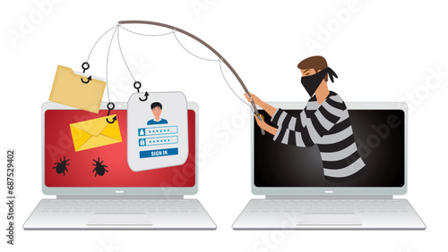 Phishing, theft online. Man with fishing rood taking items from other computer. Security and advices. Isolated. Vector illustration.