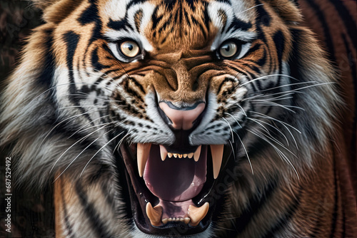 Close up portrait of and angry tiger. Portraits of roaring Bengal Tiger.