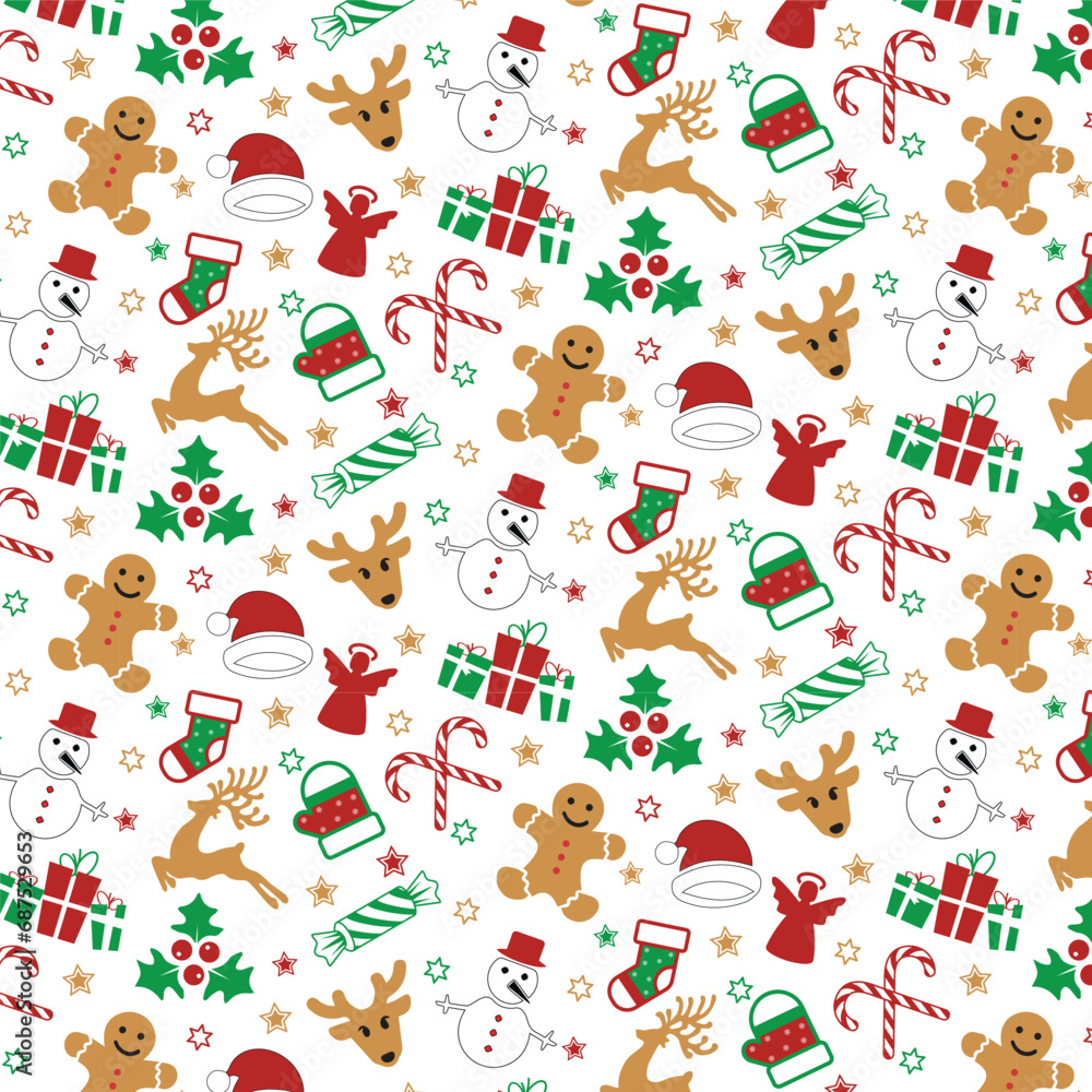 Merry christmas pattern with snowman, deer and christmas elements,Colorful New year symbols,vector illustration,christmas pattern