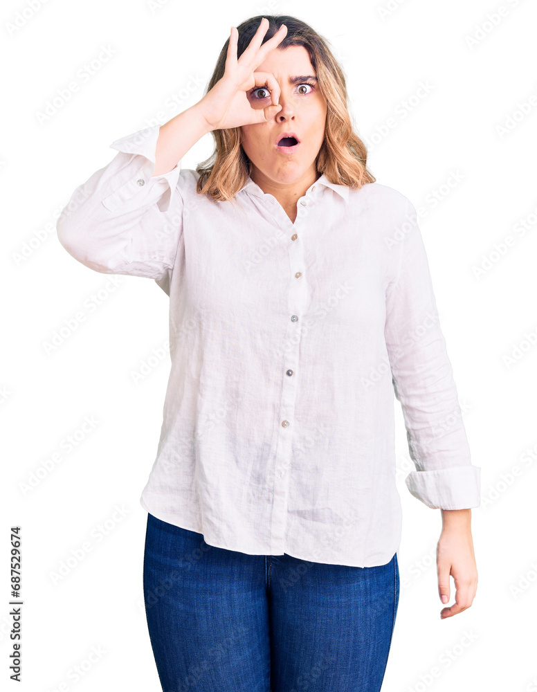 Young caucasian woman wearing casual clothes doing ok gesture shocked with surprised face, eye looking through fingers. unbelieving expression. Young caucasian woman wearing casual clothes doing ok gesture shocked with surprised face, eye looking through fingers. unbelieving expression.
