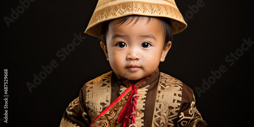 Chinese ethnic young boy toddler infant wearing traditional Chinese clothing, China fashion, generated ai