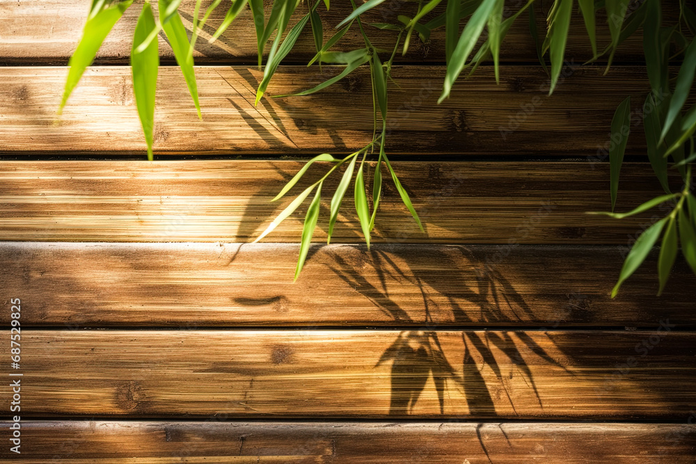 Obraz premium Green Bamboo tree with wooden background. With sunlight shine through. Suitable use as wallpaper. 