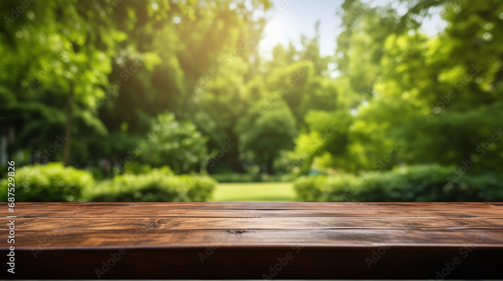 Empty wooden tabletop with a blurred green leafy background and sunlight filtering through the trees, ideal for product display. AI Generative Empty wooden tabletop with a blurred green leafy background and sunlight filtering through the trees, ideal for product display. AI Generative
