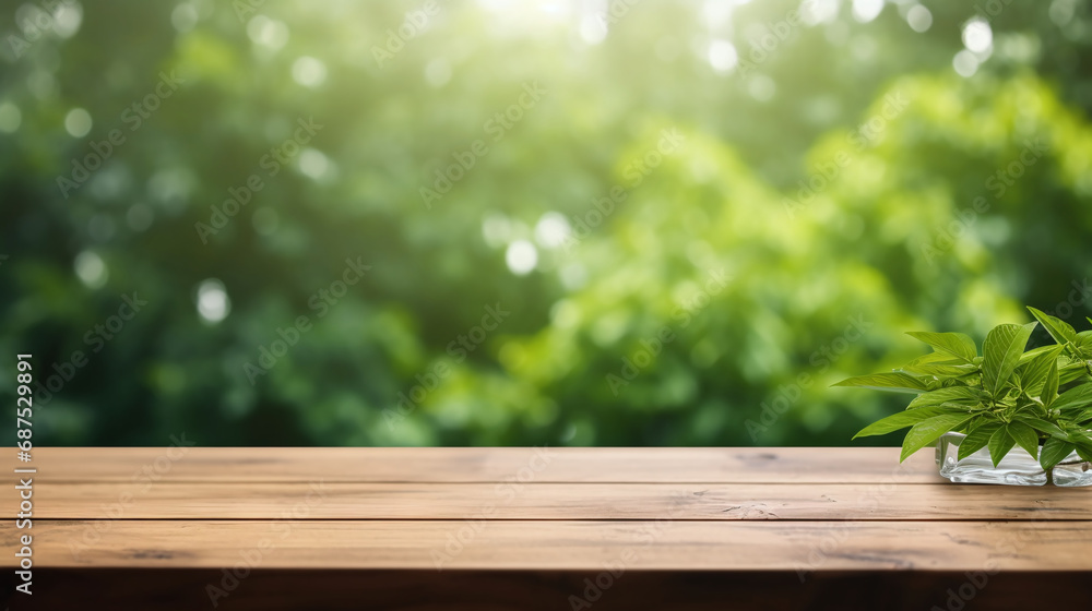 Empty wooden tabletop with a blurred green leafy background and sunlight filtering through the trees, ideal for product display. AI Generative