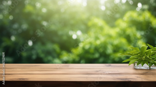 Empty wooden tabletop with a blurred green leafy background and sunlight filtering through the trees, ideal for product display. AI Generative © Julia