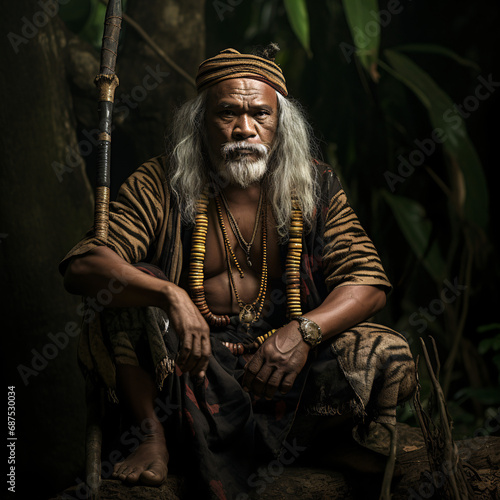 portrait of a man, old warrior in a green forest