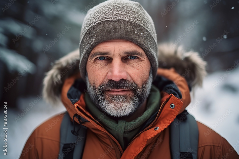 Bearded man guy enjoying wonderful winter weather snowy forest hiker Generative AI Bearded man guy enjoying wonderful winter weather snowy forest hiker Generative AI